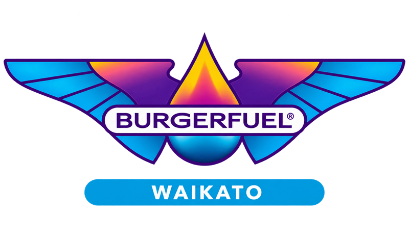 BurgerFuel Waikato BurgerFuel logo with stylised wings and a flame, featuring the word “Waikato” in a blue bar below the logo.