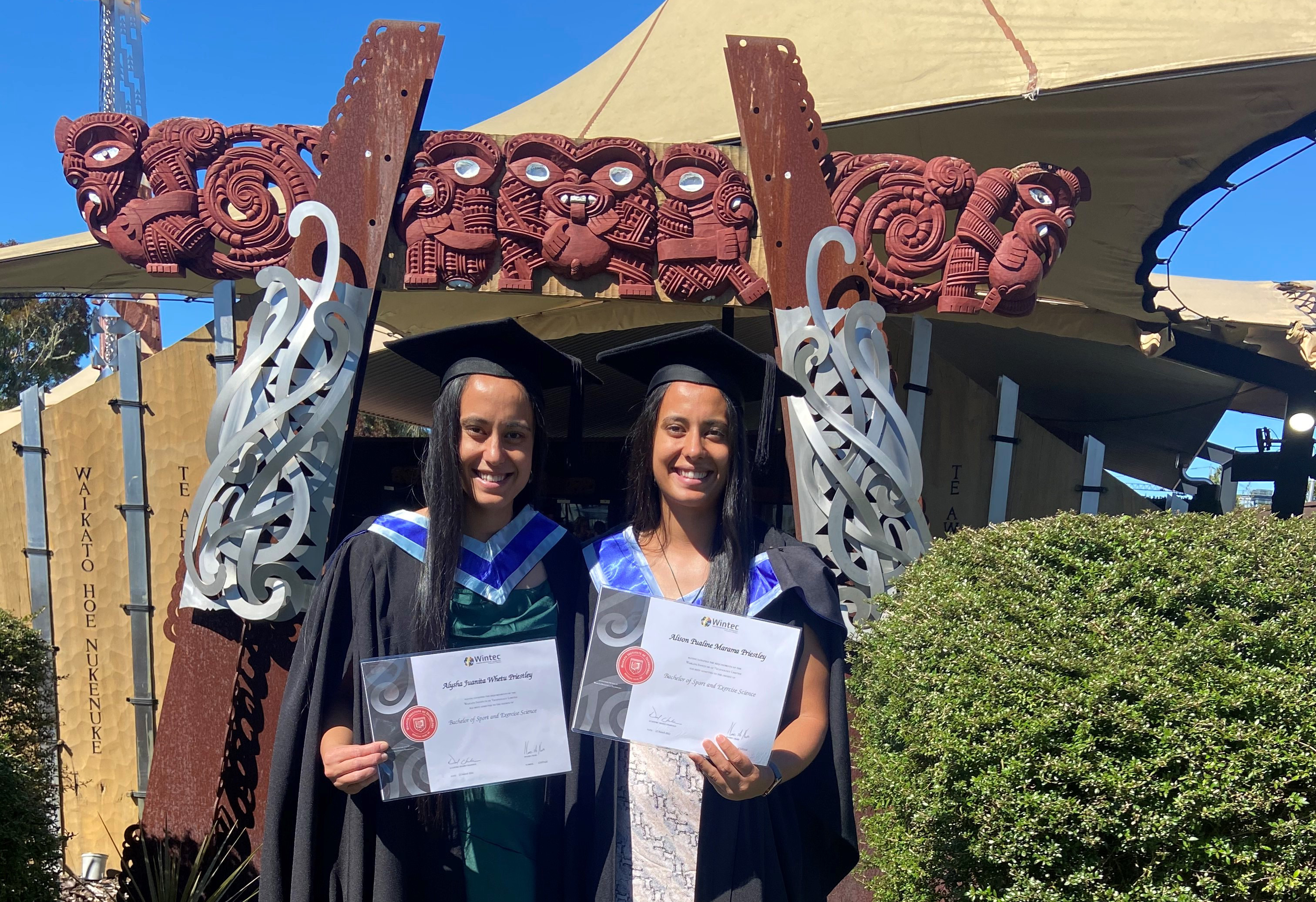Alison and Alysha Priestley graduate at Te Kōpū Mānia o Kirikiriroa Marae