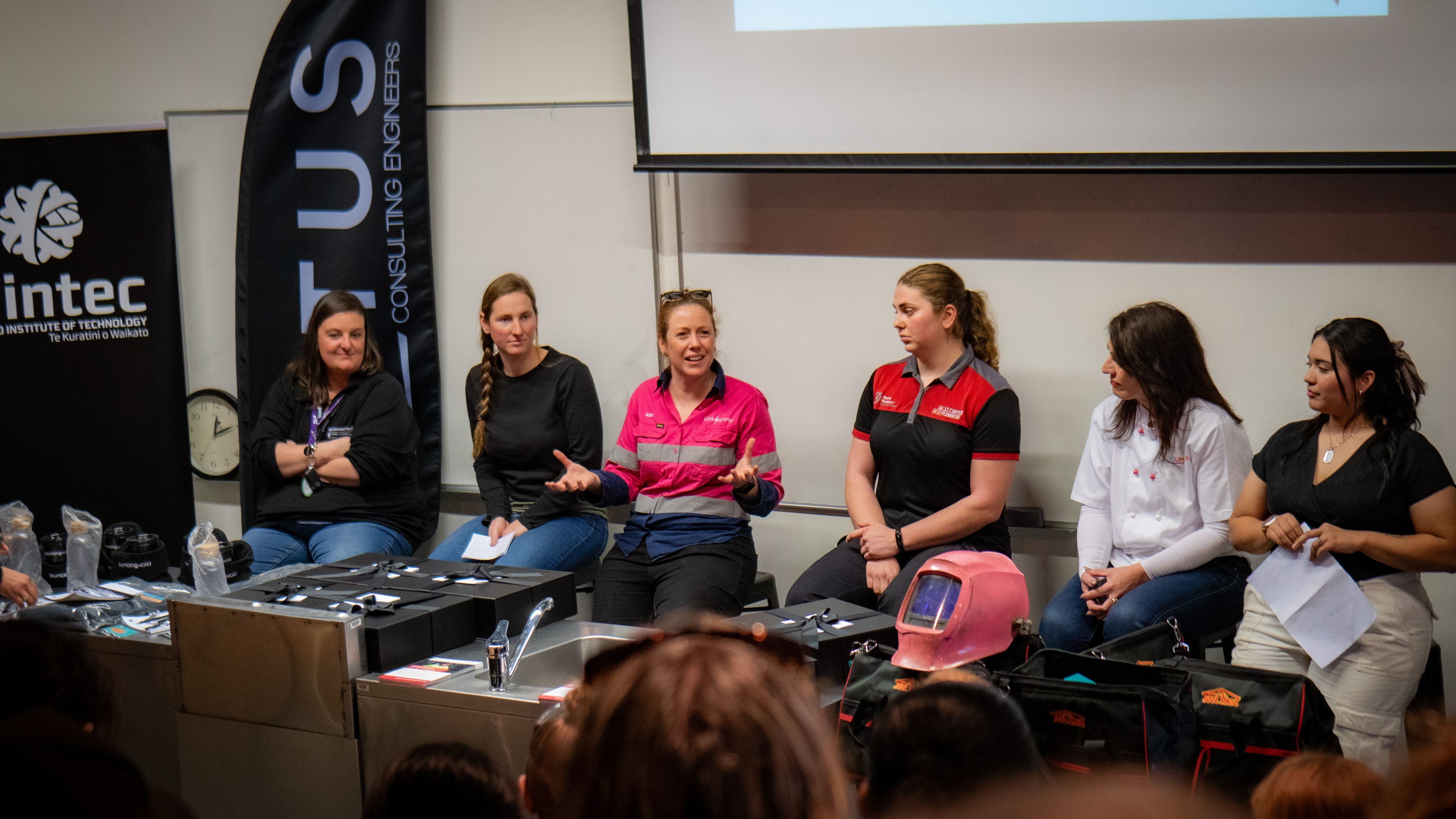 Wāhine in Trades and Engineering event panel (L-R): Seymohn Bethwaite, Renee Johnston, Amy FitzPatrick, Theresa Longuet-Higgins, Donna Williams, Sasha Devia